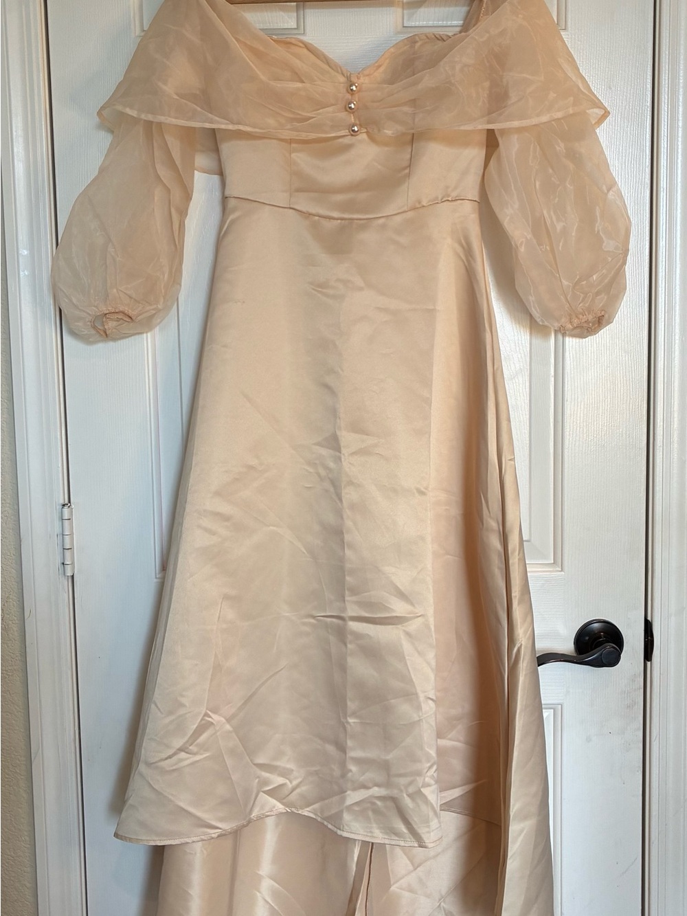 Romantic Off-Shoulder Puff Sleeve Gown in Blush